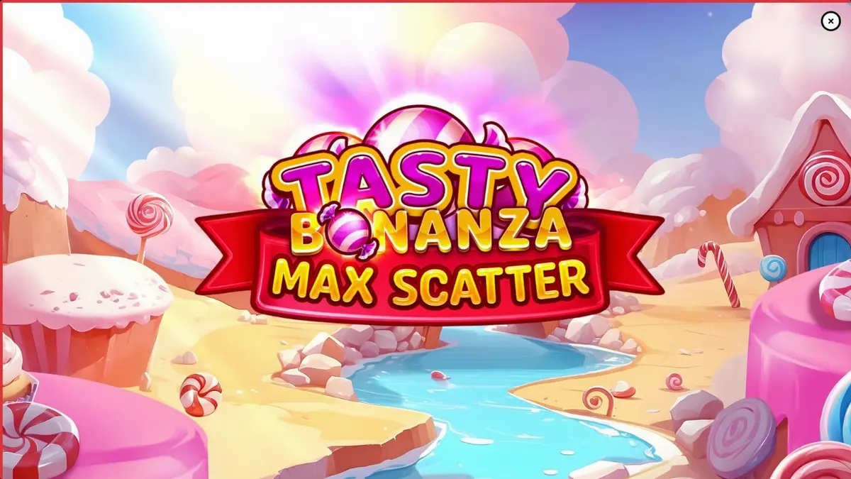 Tampilan visual permainan slot Tasty Bonanza Max Scatter dengan tema permen yang cerah