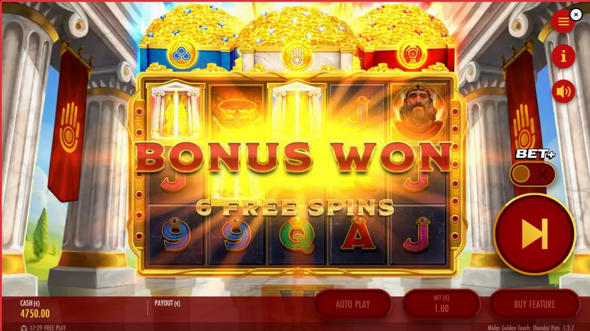 Tampilan visual slot Midas Golden Touch: Thunder Pots dengan simbol emas dan peti harta karun.